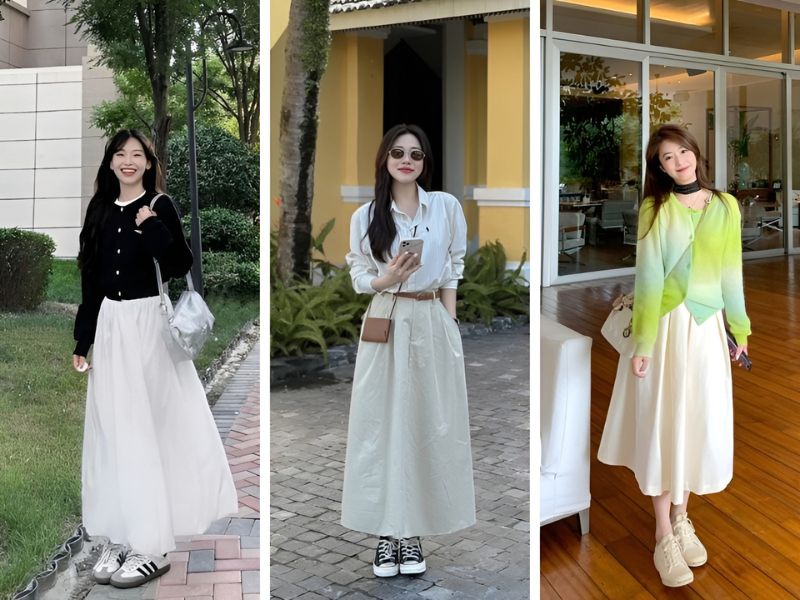 Phối chân váy dài và giày sneaker cổ thấp