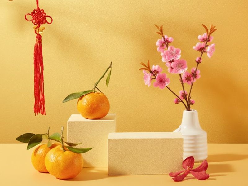 cây đào trong bình sứ nhỏ