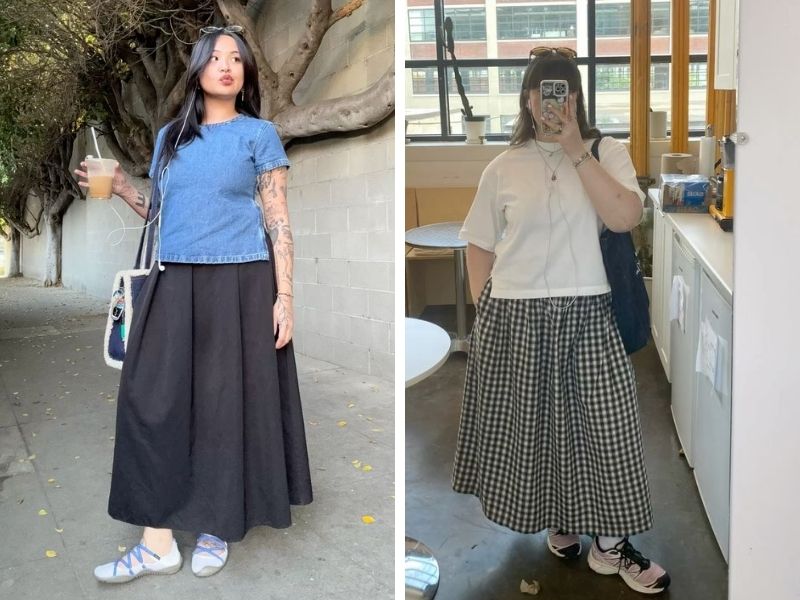 áo thun trơn và chân váy dài người béo