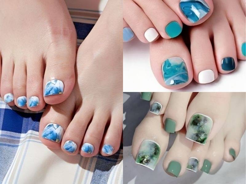 Mẫu móng chân Tết đẹp vẽ vân đá phong thuỷ