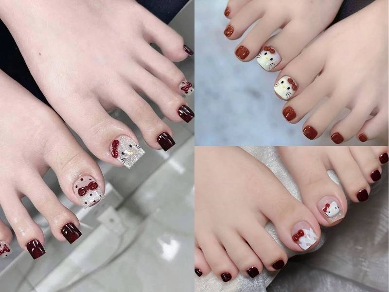 Mẫu nail chân đỏ Tết Hello Kitty