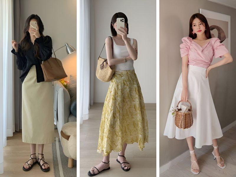 Phối chân váy dài và sandal dây