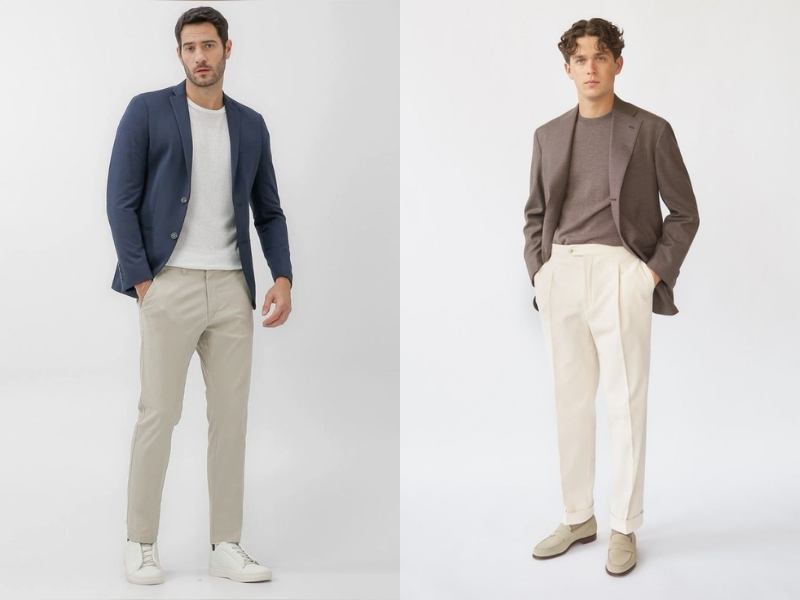 Phối áo blazer casual với áo thun trơn và quần chinos 