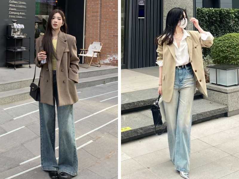 Phối áo blazer với quần jean ống rộng cho nữ