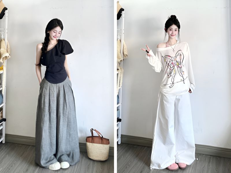 Phối áo lệch vai và quần giả váy
