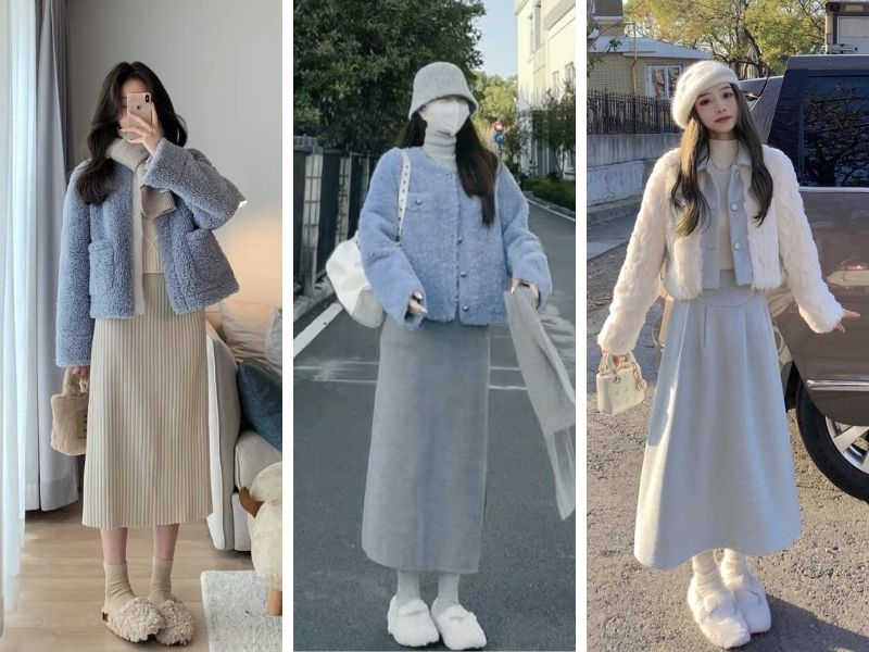 Phối áo lông và chân váy len