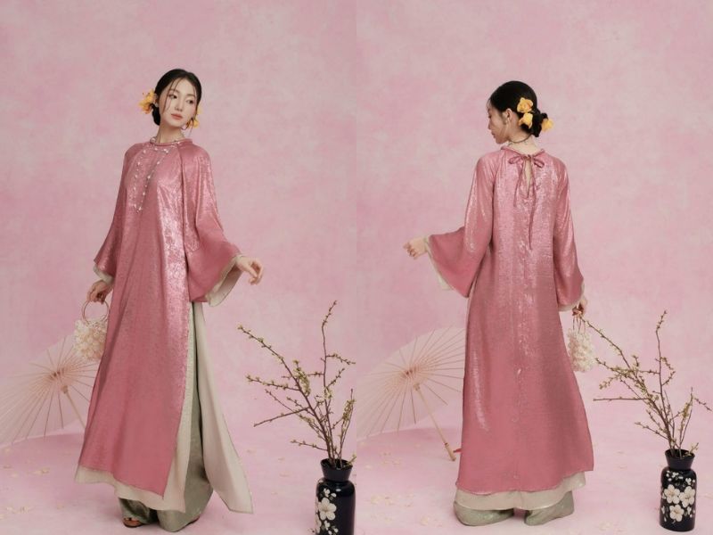 áo dài màu hồng phối với quần màu xanh lá