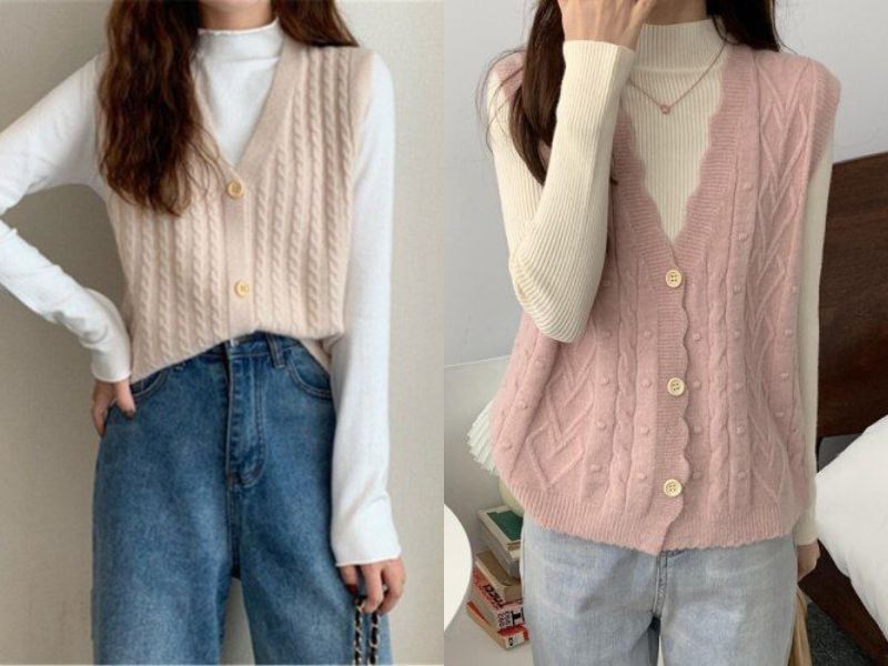 áo gile phối với quần jean.
