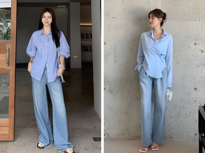 Phối áo sơ mi và quần jean ống suông