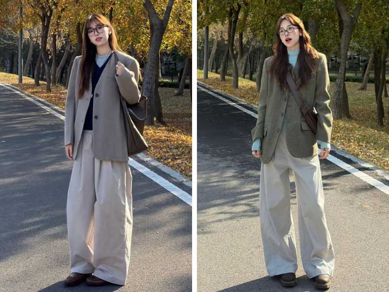 Phối blazer với quần ống rộng vá áo len nữ