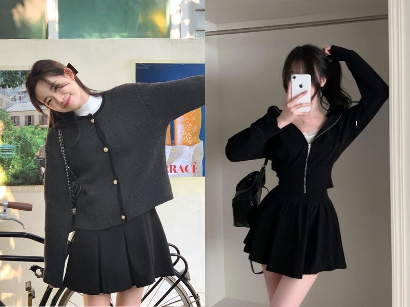 Chân váy xòe màu đen mặc với áo cardigan