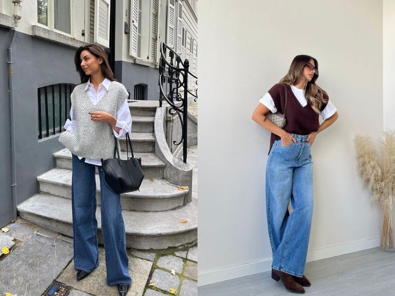 phối áo gile len với quần jean