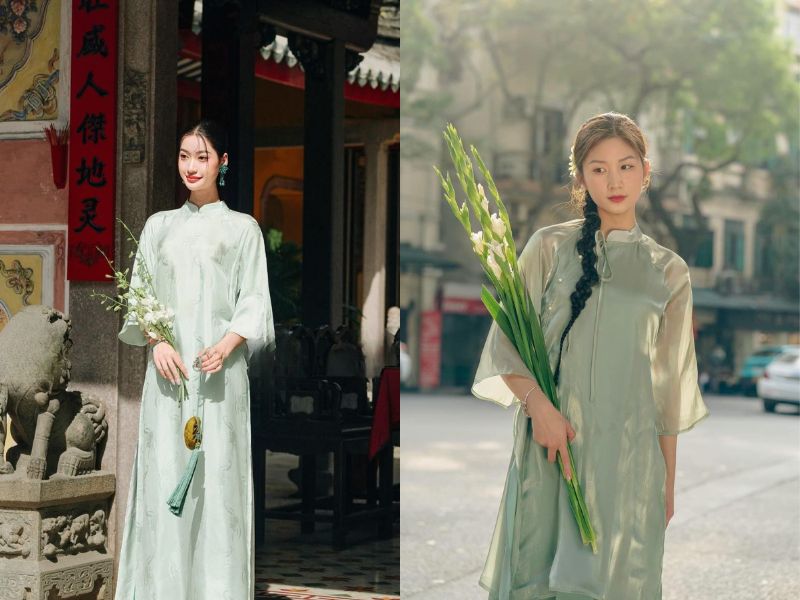 Phối áo dài màu xanh với quần áo dài màu xanh