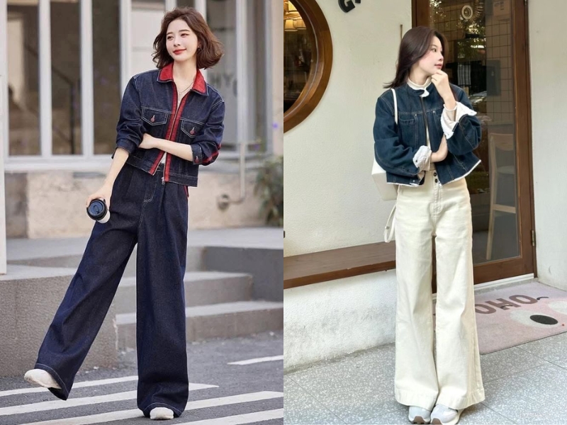 Áo khoác jeans mặc cùng quần ống suông dài màu xanh và trắng