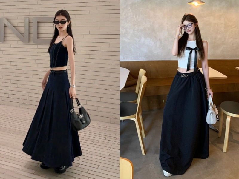 phối đồ với chân váy đen chữ A và áo croptop