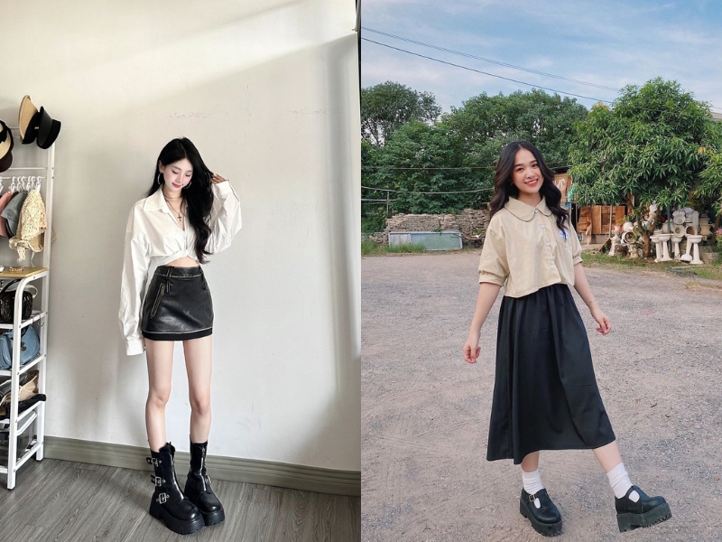 phối croptop với chân váy đen chữ A