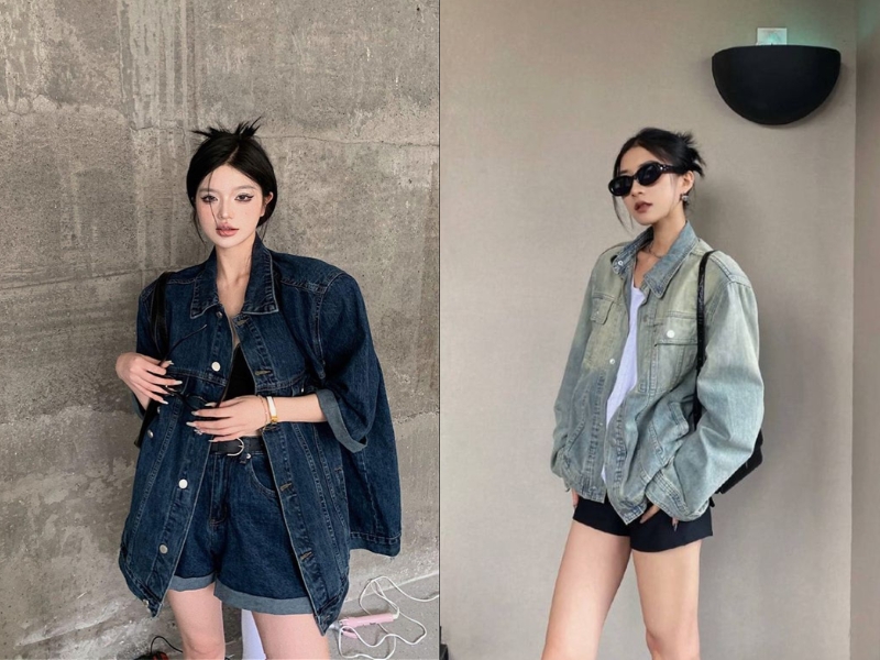 Phối đồ với áo khoác jean nữ cùng quần short và áo croptop