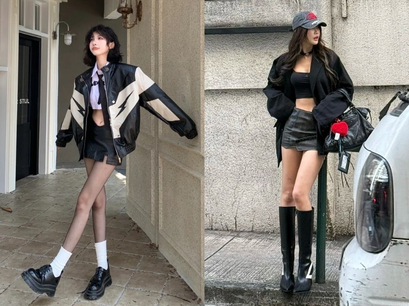 Chân váy da kết hợp áo blazer 