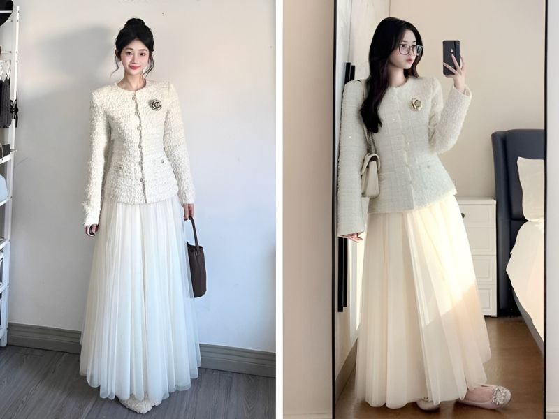 Phối áo dạ và váy xòe dài