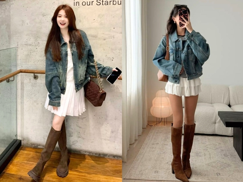 Áo khoác denim phối với đầm