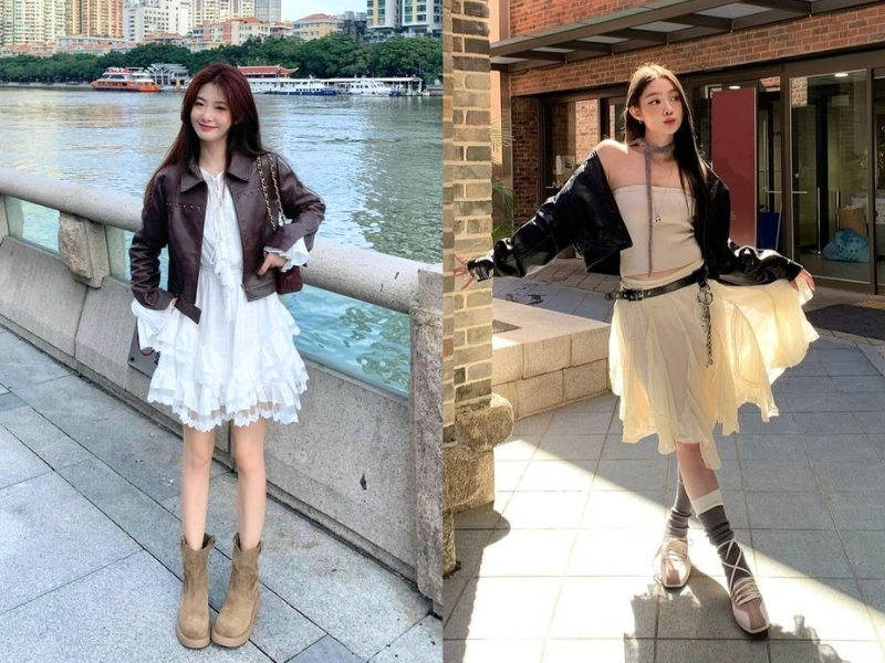 Áo khoác da phối với đầm 