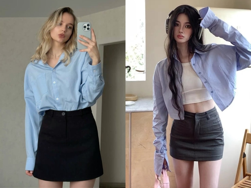 phối áo sơ mi xanh với chân váy đen chữ A