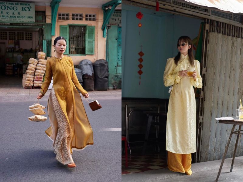 Áo dài vàng mix quần nâu