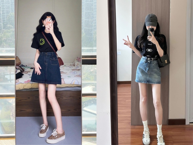 Chân váy jeans chữ A cho nấm lùn 1m45