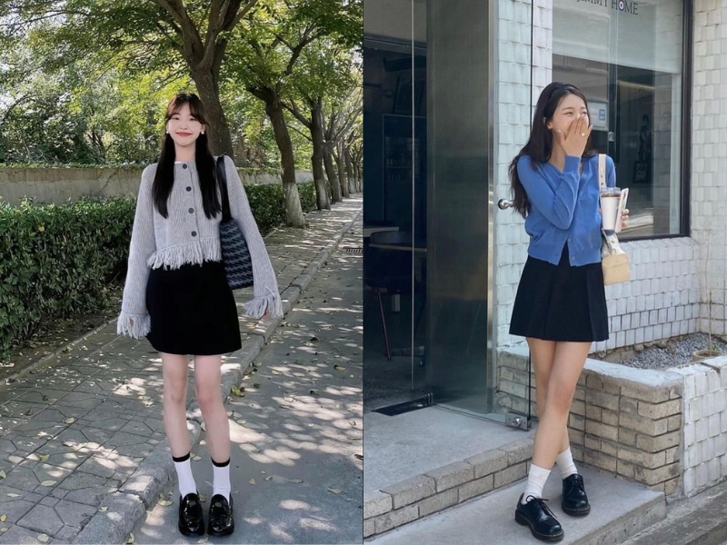 Combo giày loafer và áo khoác cardigan