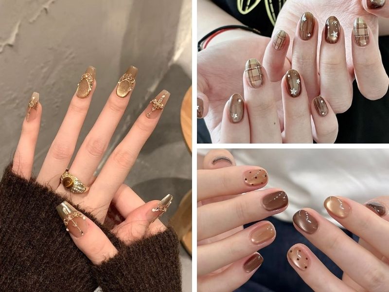Mẫu nail thạch mắt mèo tone nâu