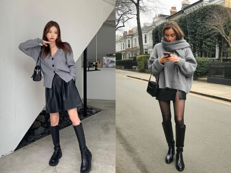Chân váy da mặc với hoodie hoặc sweater 
