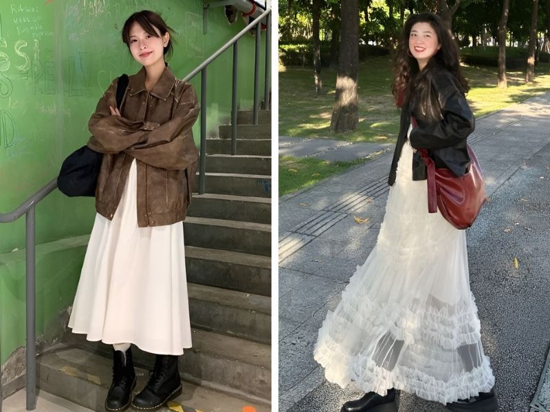 Phối váy xòe và áo khoác da