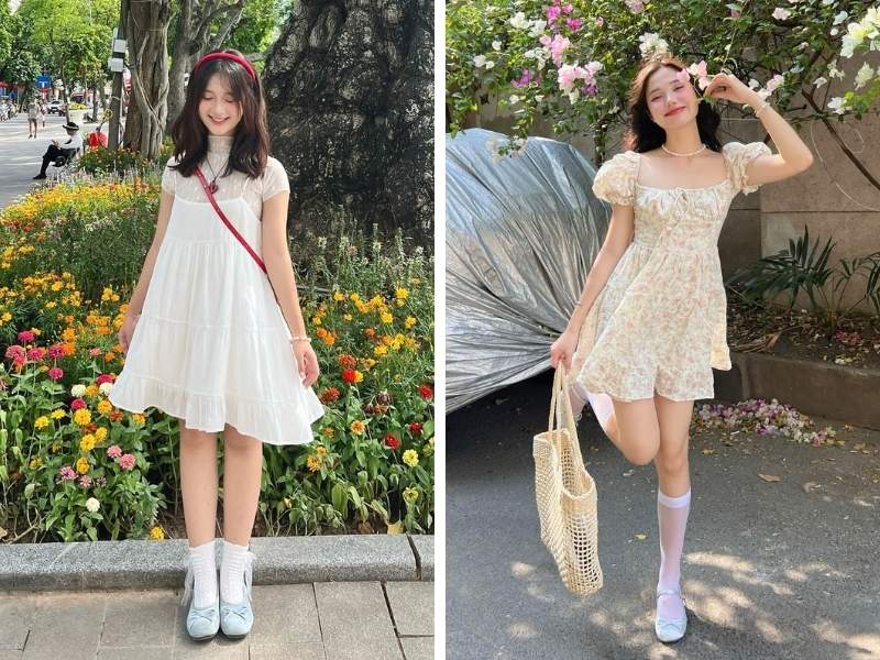 Cách phối giày búp bê với đầm ngắn