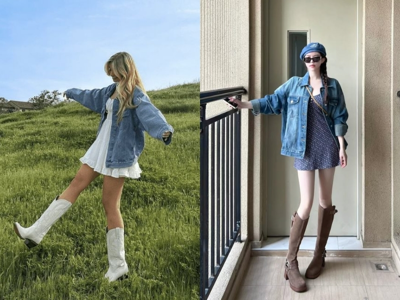 Áo khoác denim phối với đầm