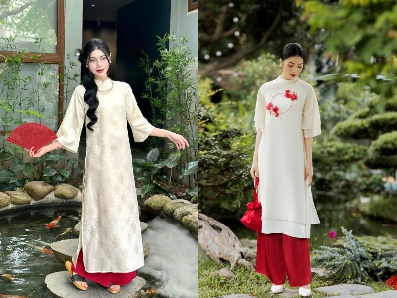 mix áo dài be với quần màu đỏ