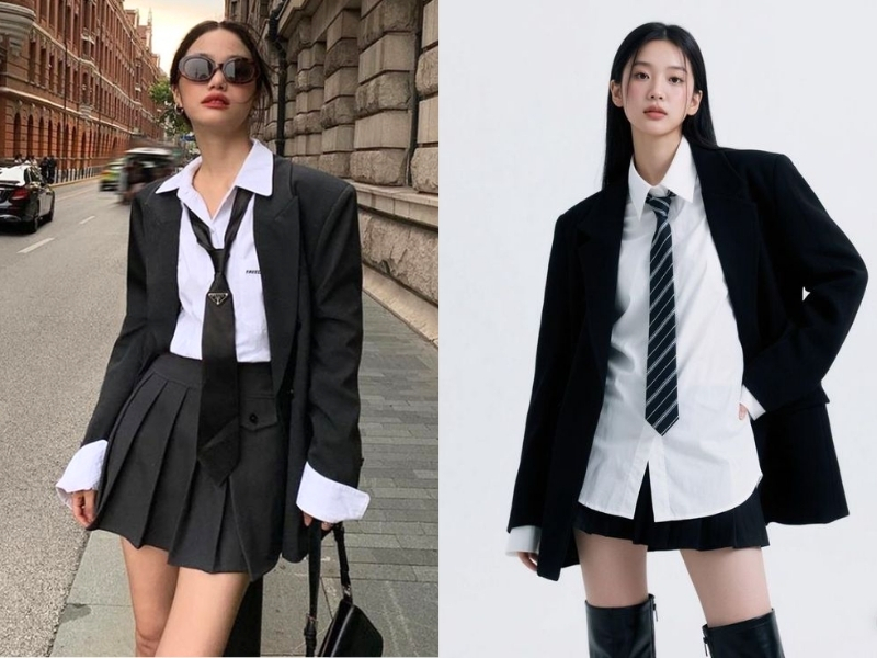 Phối áo vest đen nữ với áo sơ mi trắng