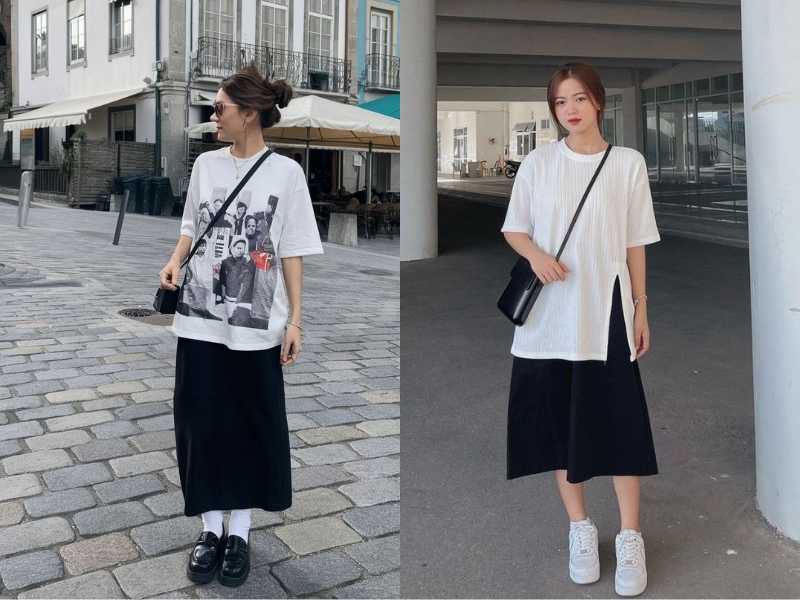 Áo thun form rộng phối chân váy chữ A và giày loafer