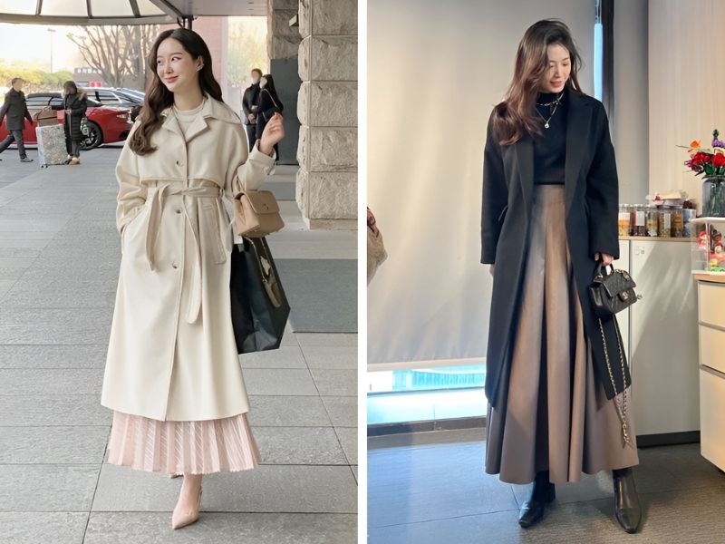 Phối áo khoác dài và váy xòe