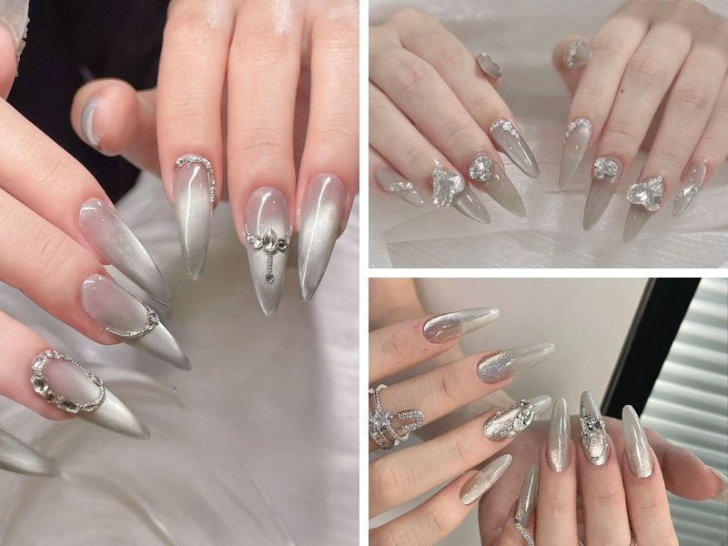 Mẫu nail thạch mắt mèo tông xám khói