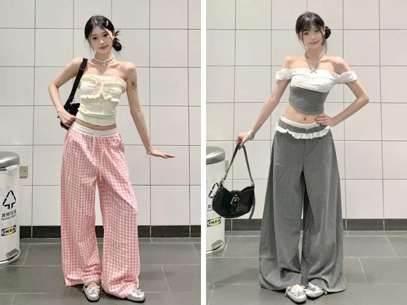 Phối đồ với giày búp bê và quần ống rộng
