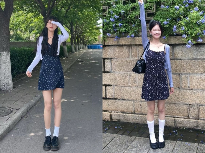 Áo khoác phối đầm dây cho outfit mùa hè
