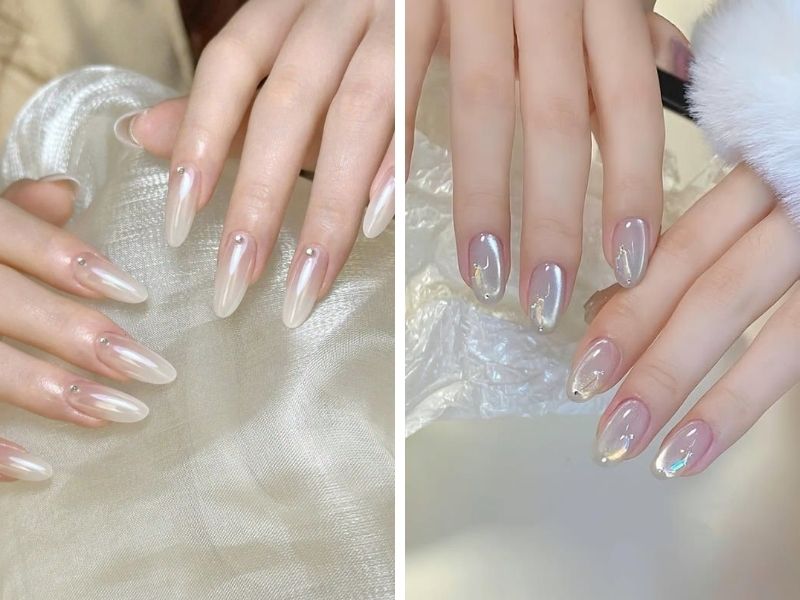 Mẫu nail thạch mắt mèo tone trắng