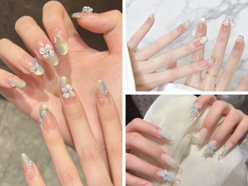 Mẫu nail sơn thạch mắt mèo đắp hoa nổi