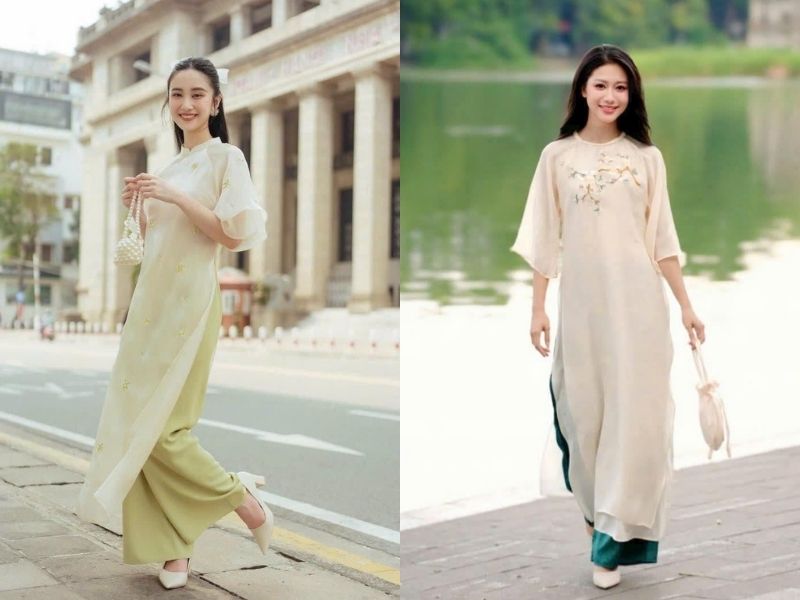 phối áo dài be với quần màu xanh