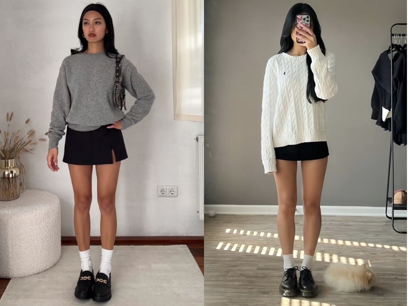 áo sweater với chân váy đen chữ A