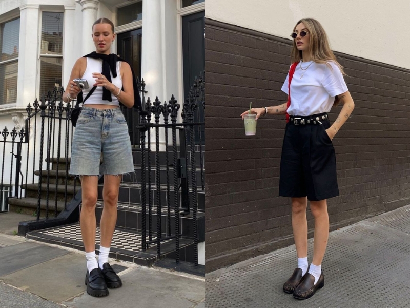 giày loafer nữ và quần short lưng cao