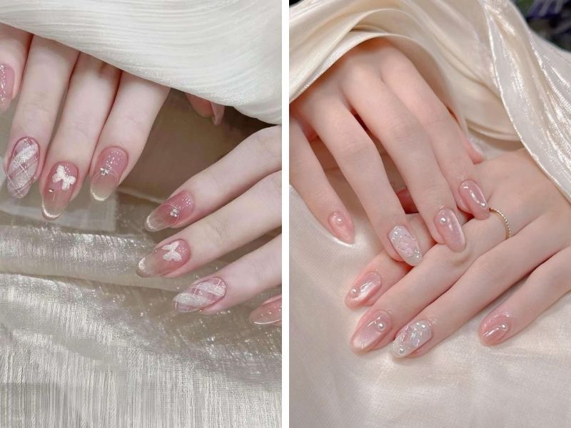 Mẫu nail thạch mắt mèo tông hồng