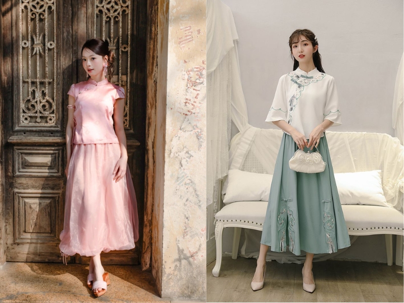 Phối sườn xám với chân váy dài