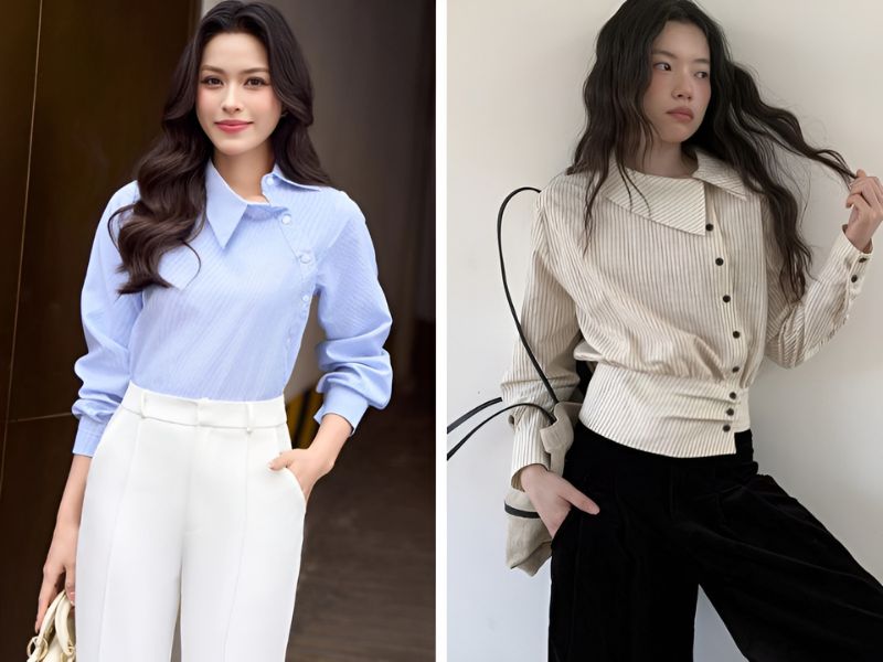 outfit áo sơ mi cúc lệch và quần ống suông