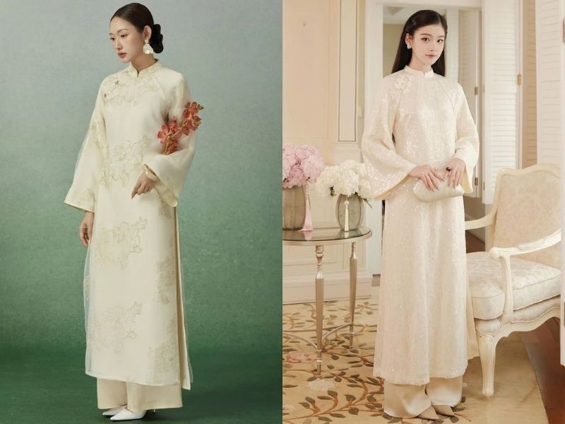 combo áo dài be + quần kem